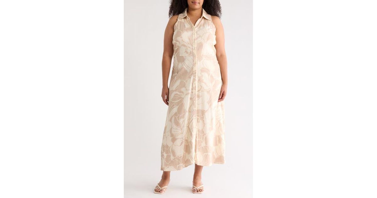 London Times Floral Side Ruched Linen Blend Midi Dress in Natural | Lyst
