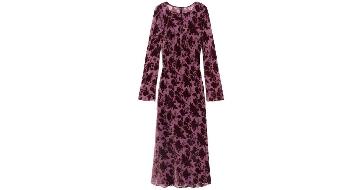 Mango Floral Burnout Velvet Long Sleeve Maxi Dress in Red | Lyst