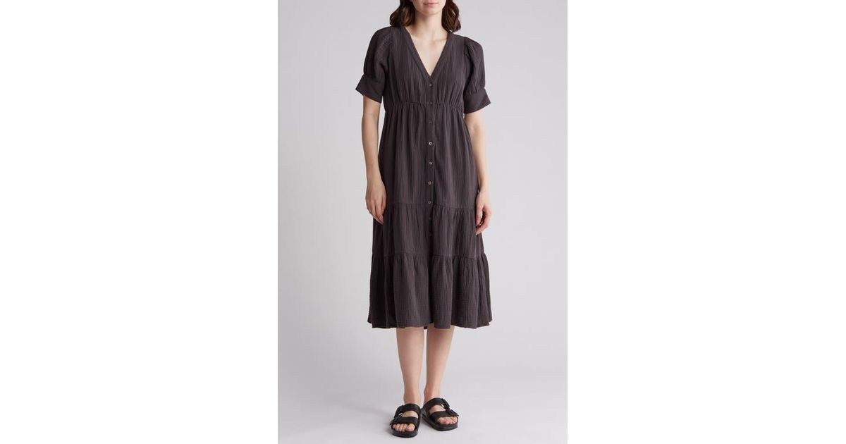 Madewell Lightspun Tiered Button Front Midi Dress in Black | Lyst Madewell Lightspun Tiered Button Front Midi Dress in Black | Lyst