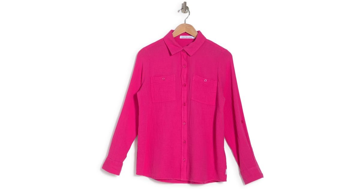 Calvin Klein Roll Sleeve Cotton Gauze Buttonup Shirt in Pink Lyst