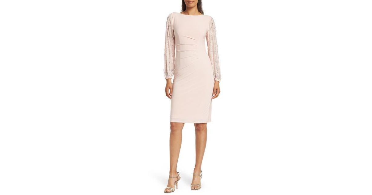 Marina Beaded Long Sleeve Sheath Dress in Natural | Lyst