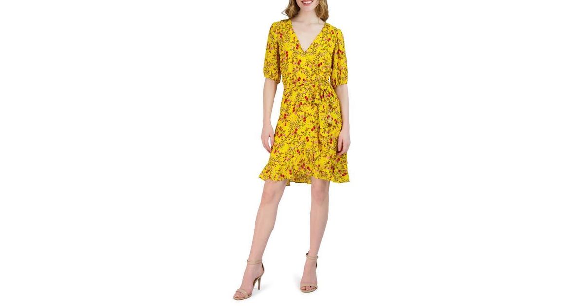 Jordan Faux Robe Julia Jordan Puff Sleeve Floral Faux Wrap Dress in Yellow | Lyst
