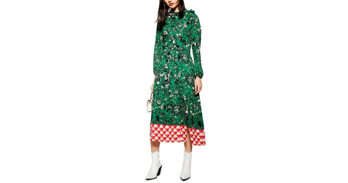 geo border tie neck dress