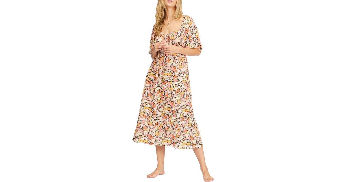 Billabong True Romance Puff Sleeve Midi Dress in Natural | Lyst