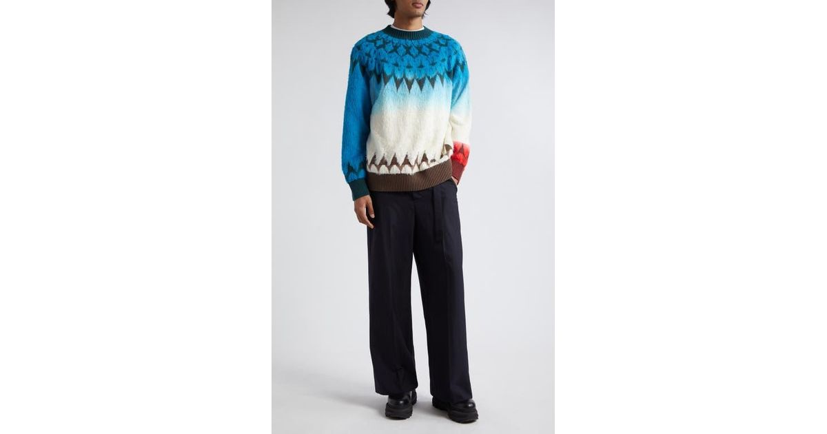 Sacai Ombré Geometric Jacquard Crewneck Sweater in Blue for Sacai Ombré Geometric Jacquard Crewneck Sweater in Blue for