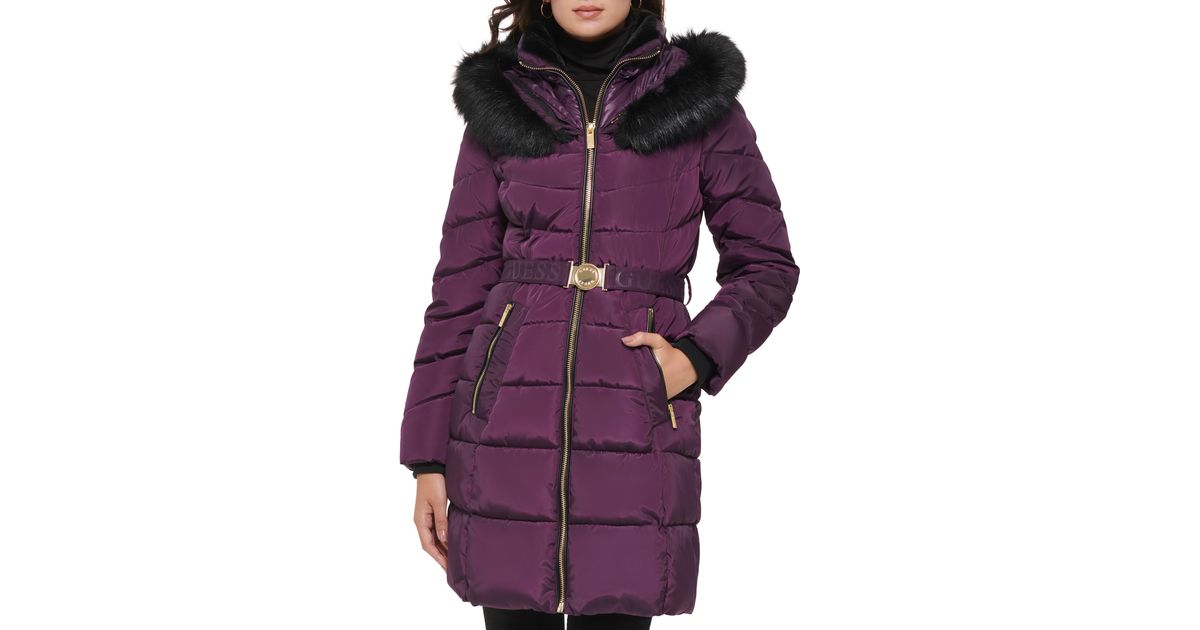 Guess Faux Fur Trim Hooded Puffer Coat In Eggplant At Nordstrom Rack in