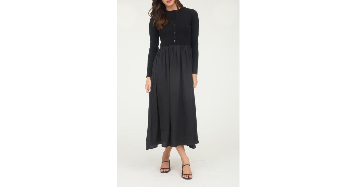 AUGUST SKY Mixed Media Long Sleeve Maxi Dress in Black | Lyst