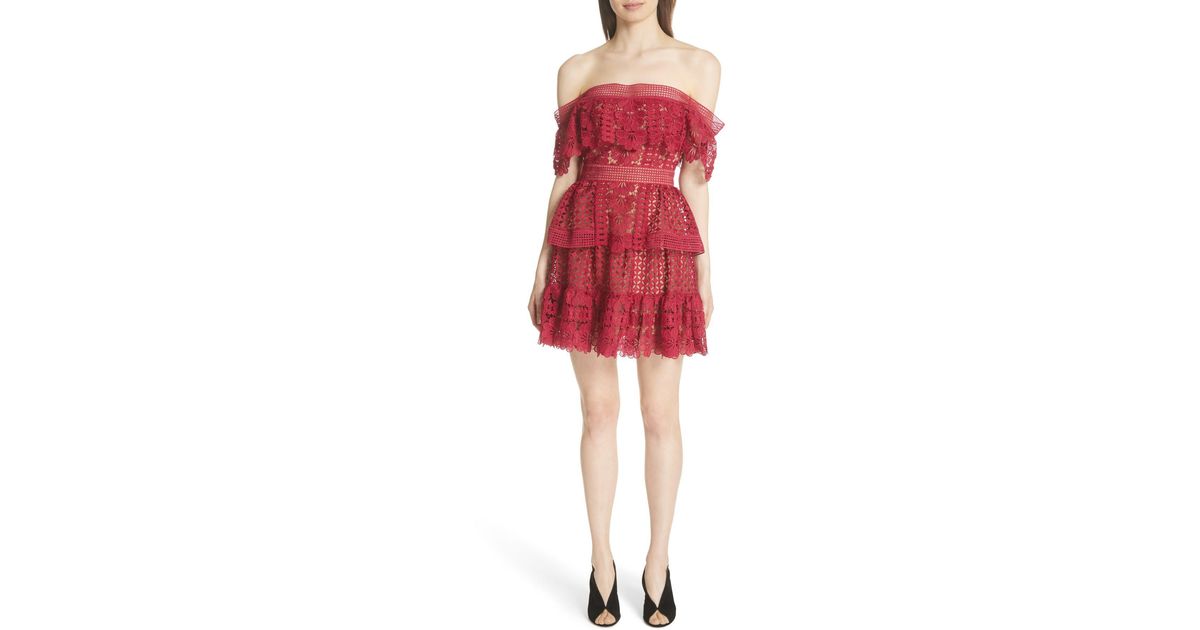 Self-Portrait Off-the-shoulder Guipure-lace Dress in Red | Lyst