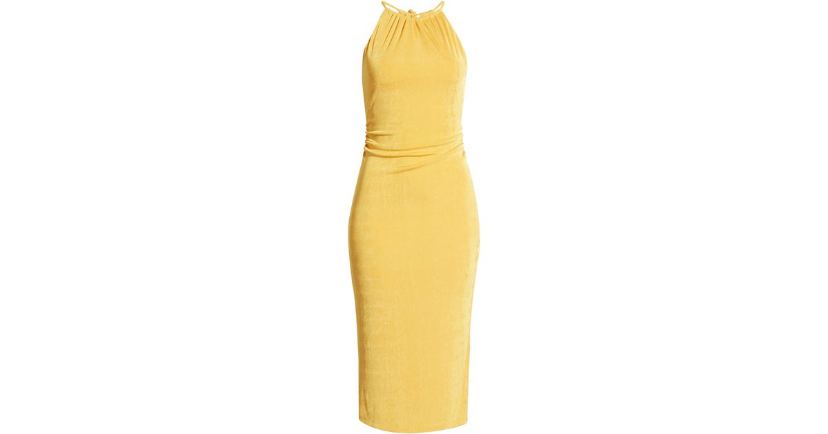 Vici Collection Halter Neck Ruched Cutout Midi Dress in Yellow | Lyst