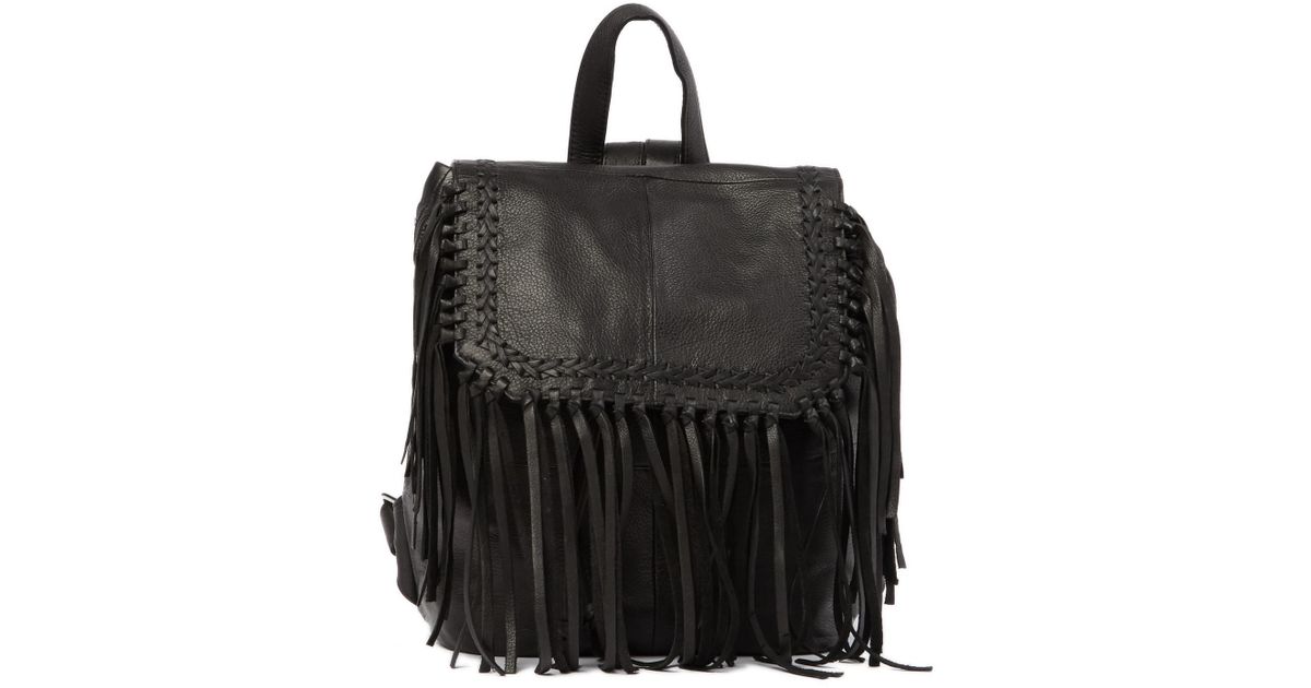 black leather fringe backpack