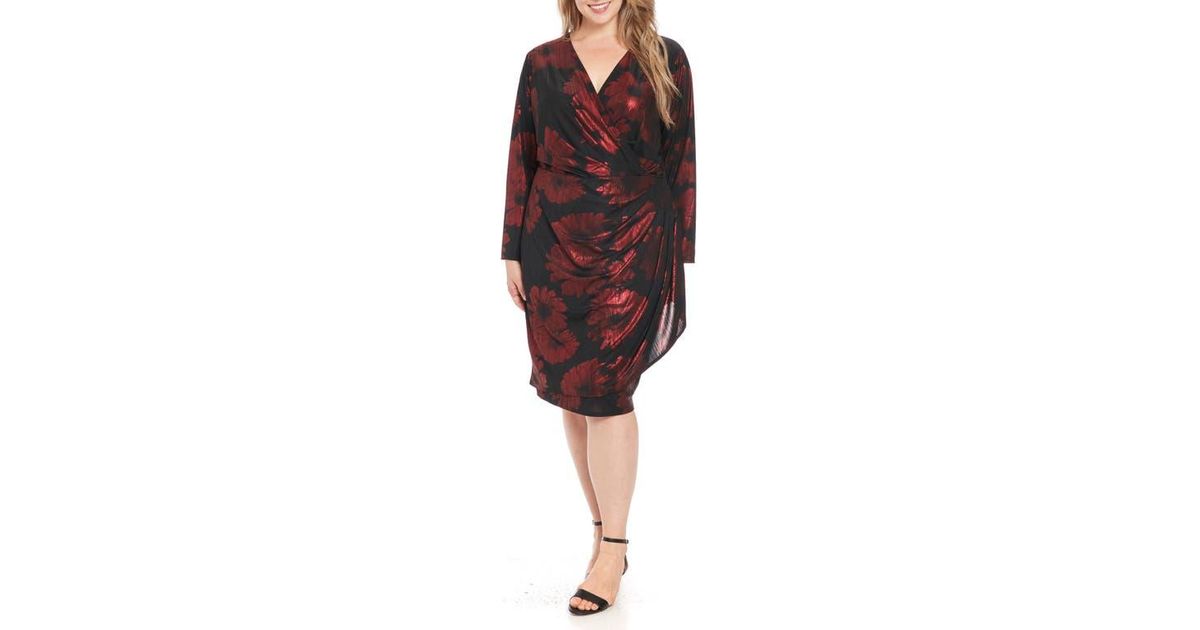 London Times Floral Long Sleeve Faux Wrap Dress in Red | Lyst