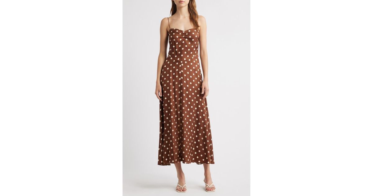 princess polly baby blue dress Doen Lorraine Polka Dot Silk Blend Satin Midi Dress in Brown