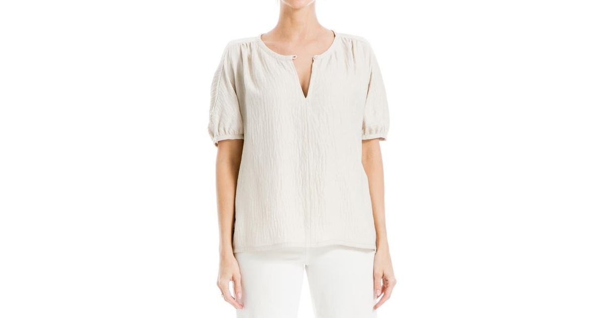 Round Split Neck Max Studio Short Sleeve Split Neck Blouse in White | Lyst