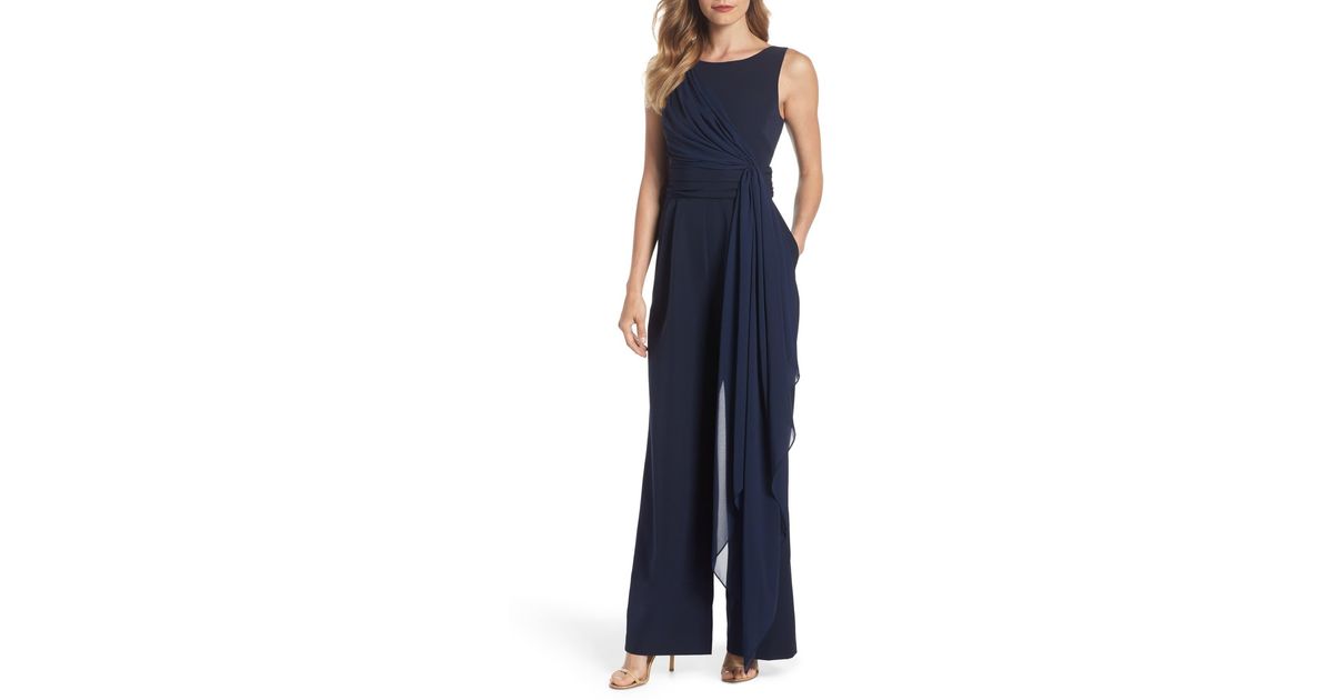 eliza j cascading tie jumpsuit navy