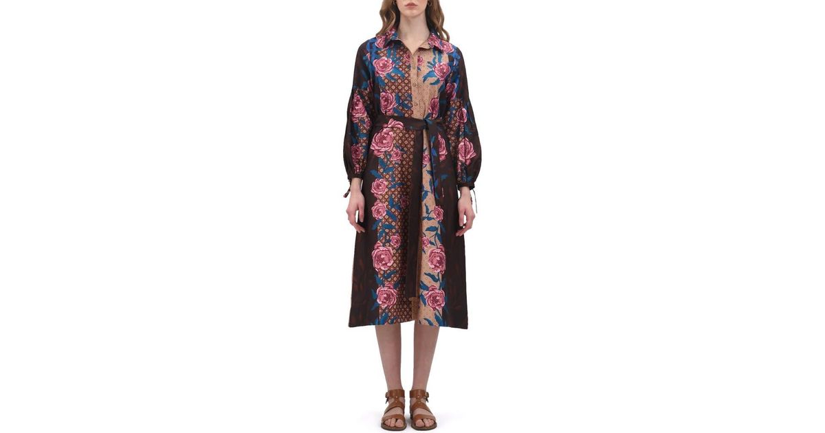 CELINA MOON Alicia Long Sleeve Midi Shirtdress in Red | Lyst