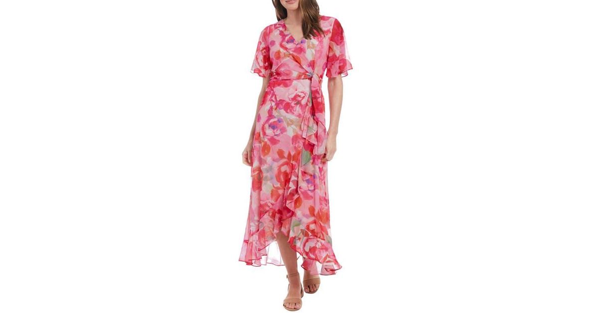 London Times Floral Short Sleeve Faux Wrap Chiffon Maxi Dress in Red | Lyst