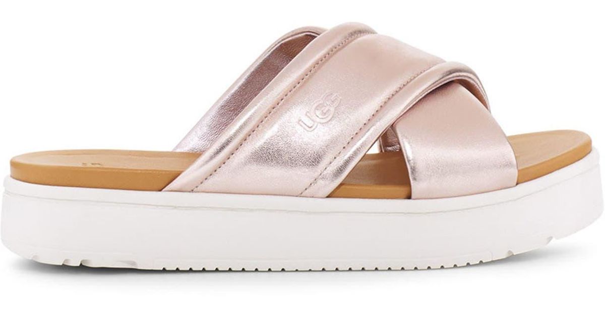 UGG UGG Zayne Leather Platform Slide Sandal In Rose Gold Metallic At