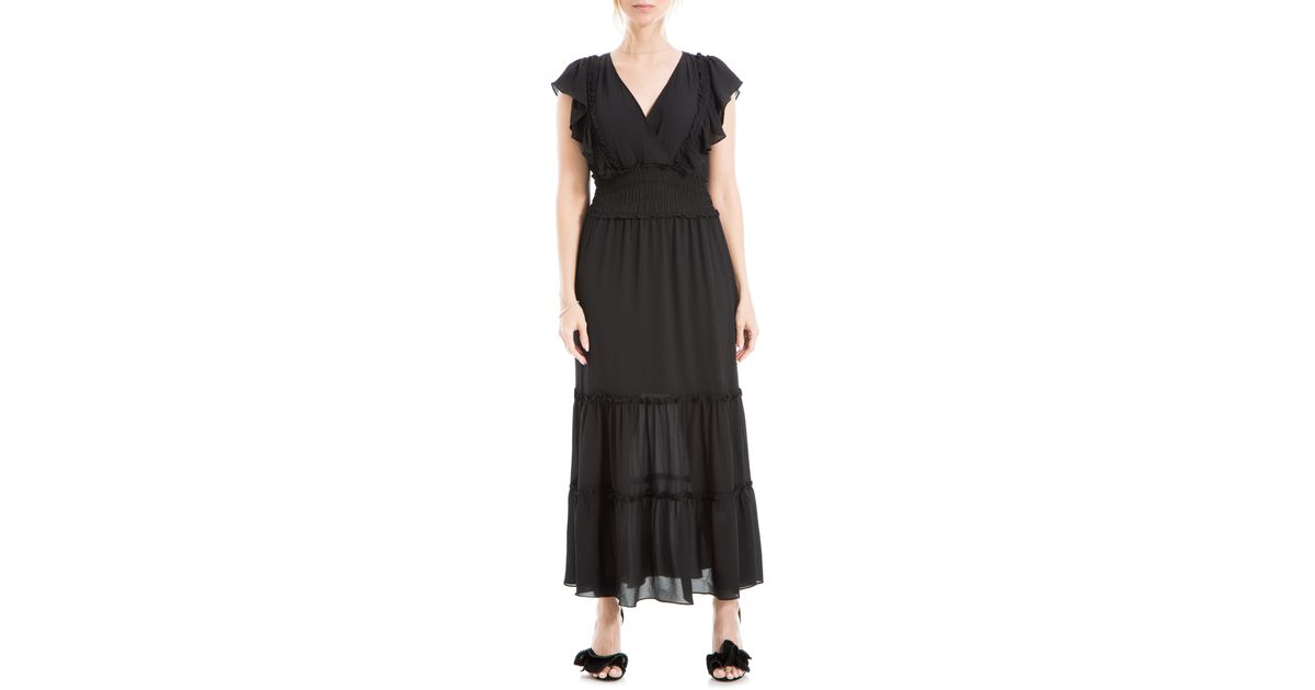 Max Studio Pebble Crepe Flutter Sleeve Maxi Dress in Black | Lyst