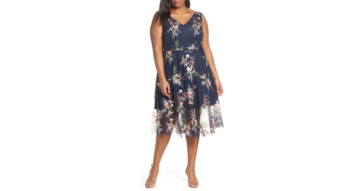 vince camuto floral embroidered mesh midi dress