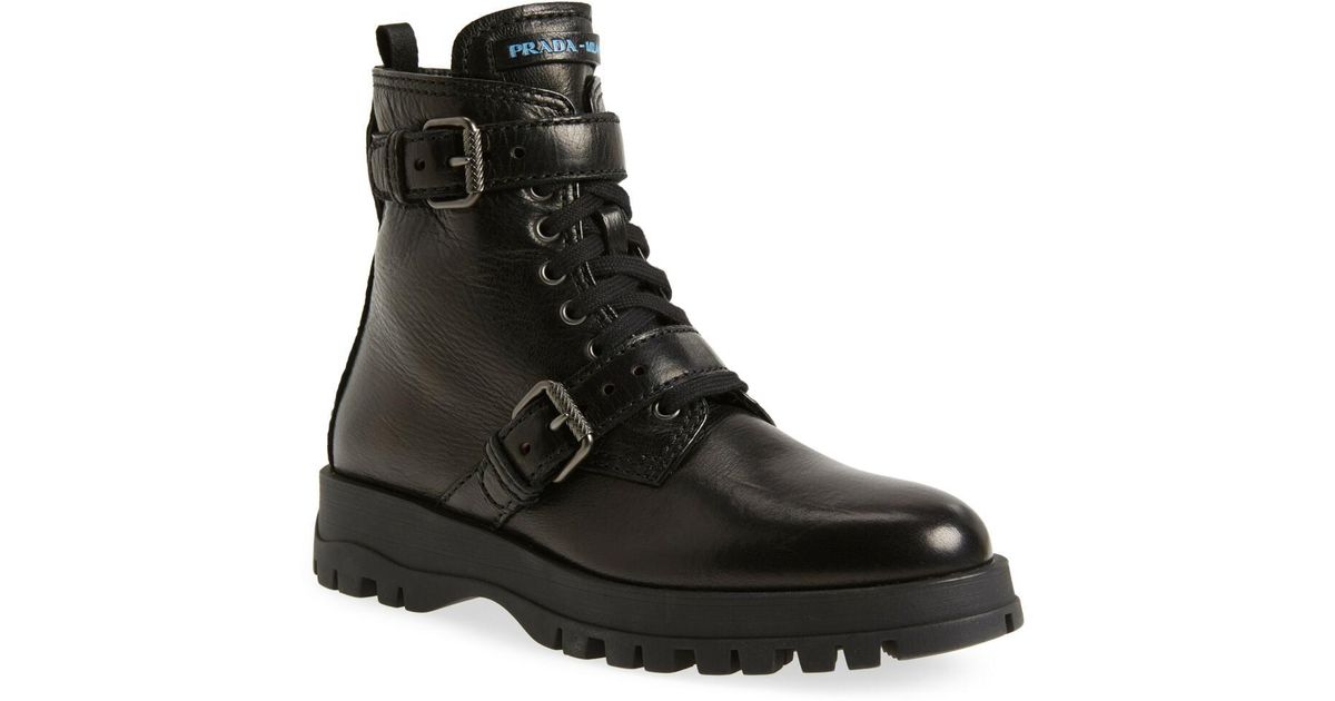 Prada Leather Buckle Combat Boots 