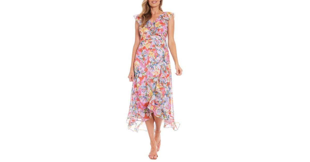 London Times Floral Ruffle Maxi Dress in Red | Lyst