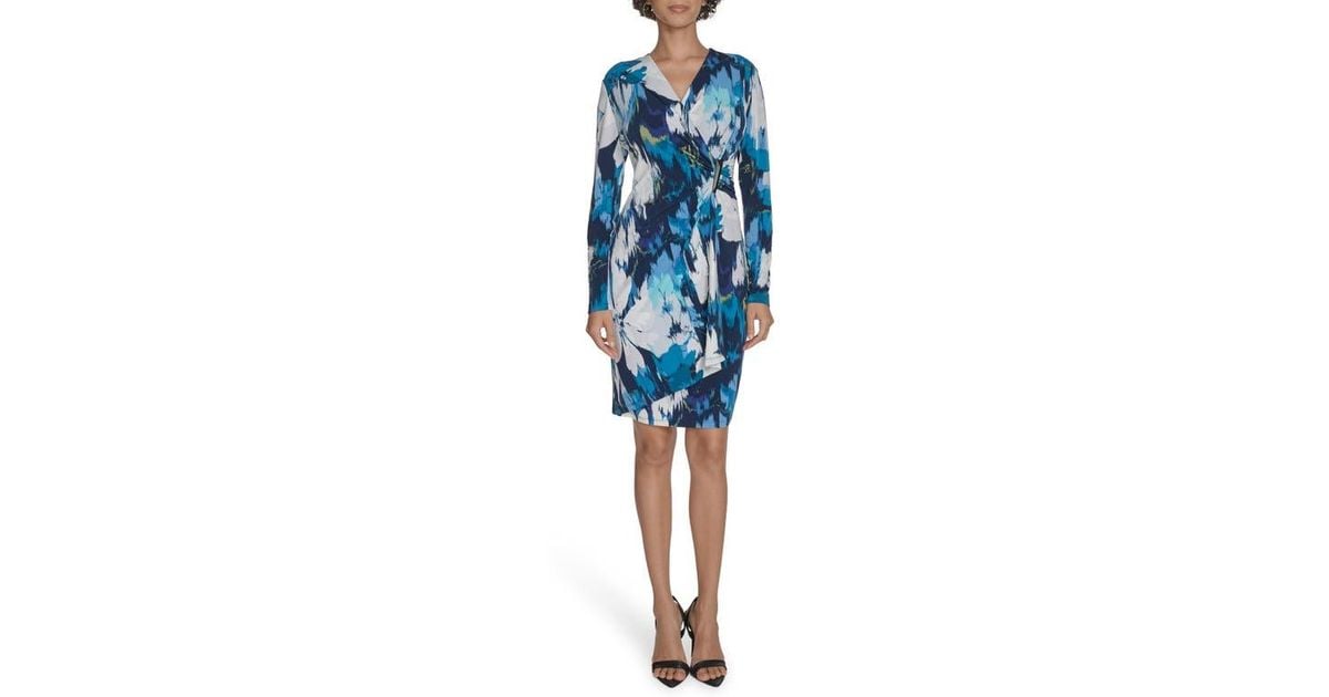 Calvin Klein Floral Long Sleeve Faux Wrap Dress in Blue | Lyst