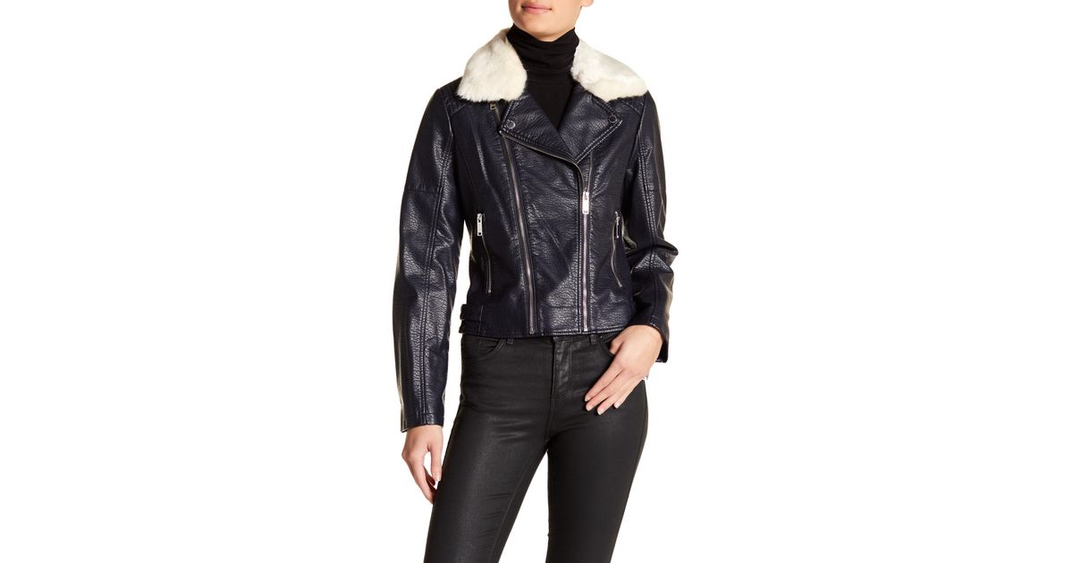 Lyst French Connection Faux Fur Collar Moto Jacket In Blue