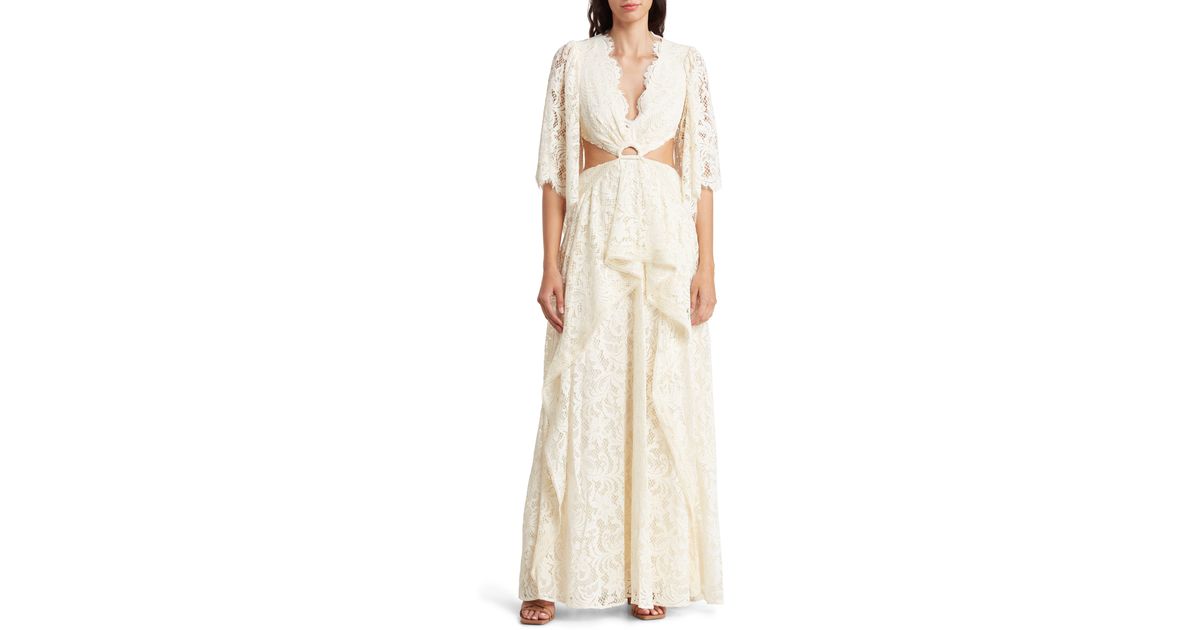 Bcbg draped ruffle store and lace gown