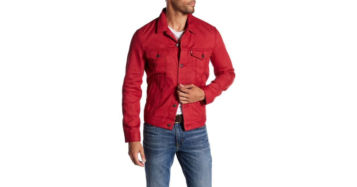 red denim trucker jacket