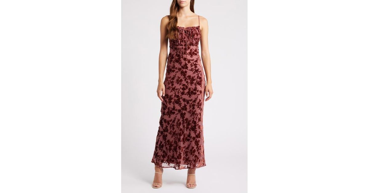 knee length dresses for ladies Burgundy Tie Front Devore Maxi Dress – Rare London
