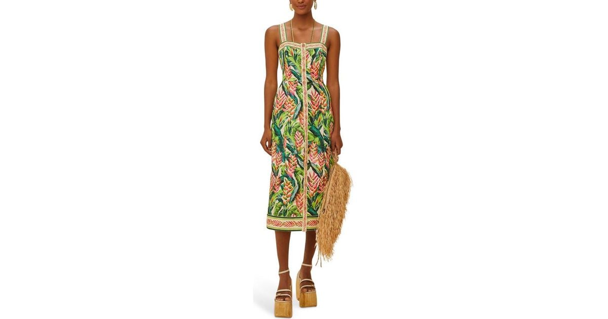 FARM Rio Heli Leaves Button Front Linen Midi Dress in Yellow | Lyst