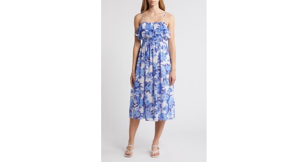 Chelsea28 Printed Tiered Ruffle Chiffon Midi Dress in Blue | Lyst