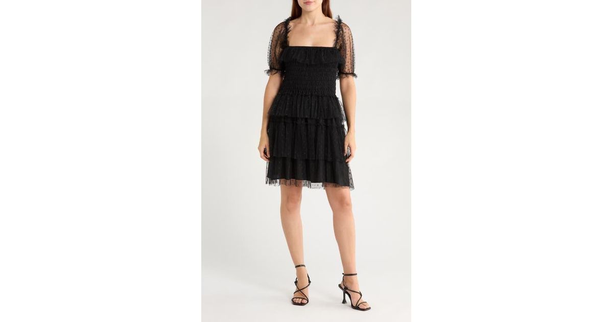 NSR Tiered Dot Lace Dress in Black | Lyst