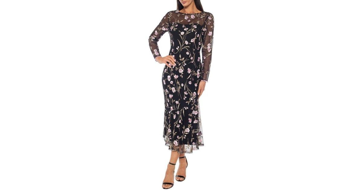 Marina Long Sleeve Floral Embroidered Midi Cocktail Dress in Black | Lyst