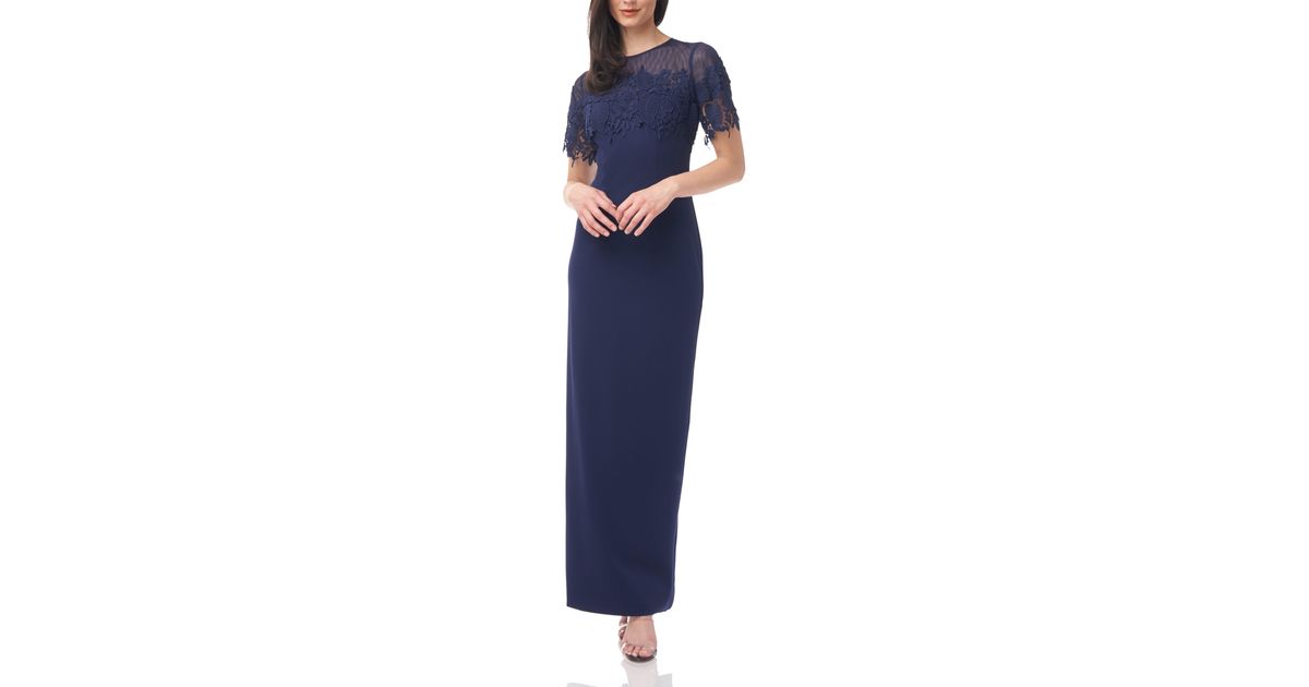 JS Collections Crochet Embroidered Illusion Gown In Navy At Nordstrom Rack in Blue | Lyst