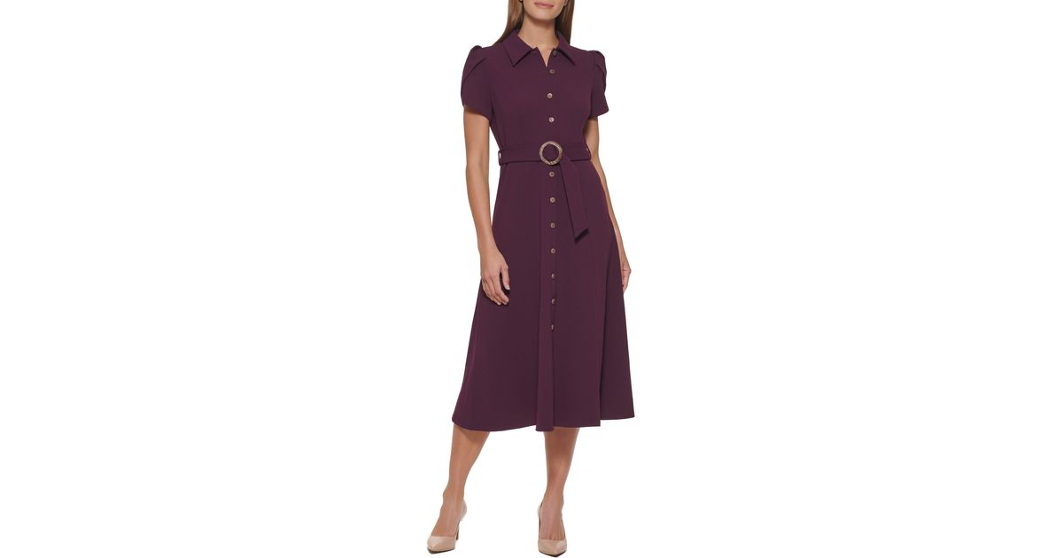 Calvin Klein Tulip Sleeve Belted A-line Midi Shirtdress in Purple