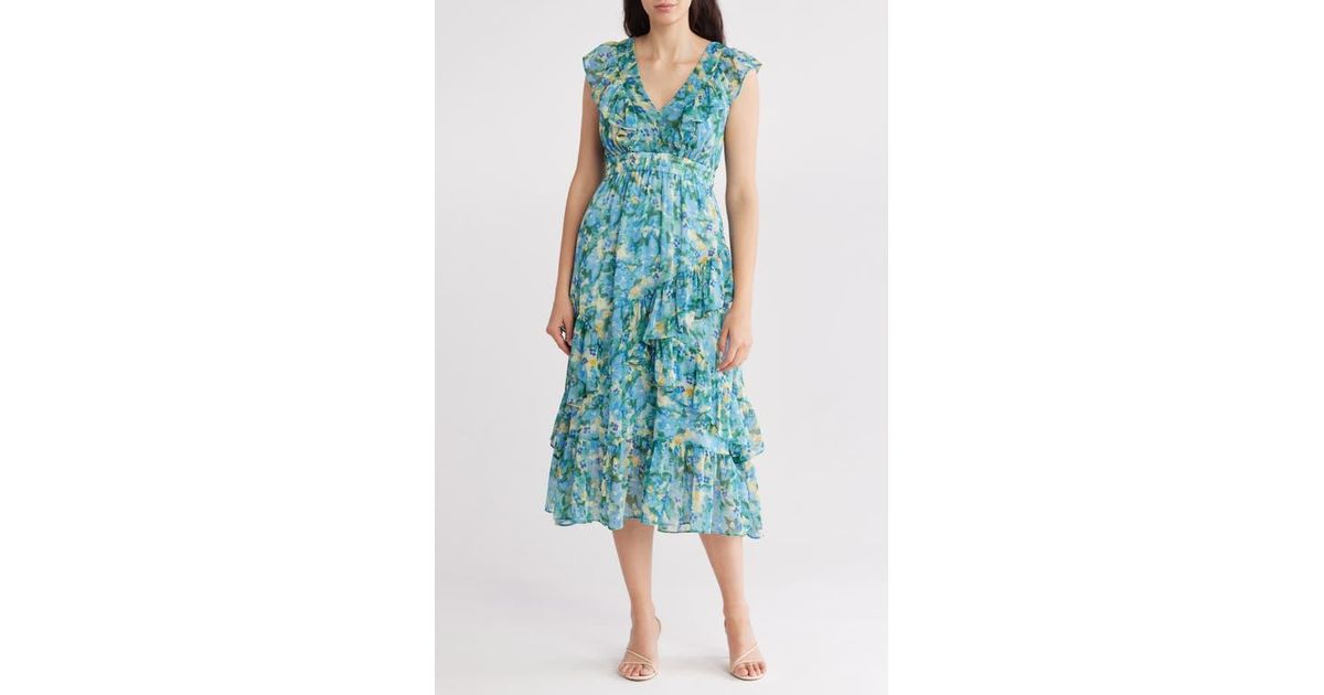 Floral Flutter Tiered Midi Dress Blue