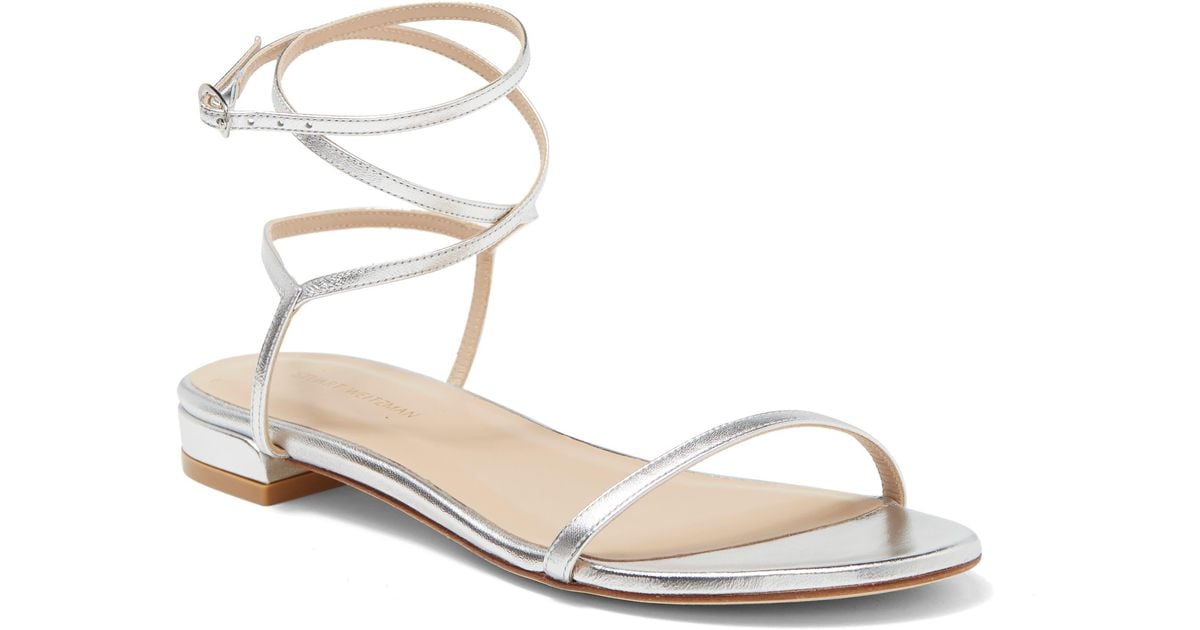 Stuart Weitzman Leather Catherine Ankle Wrap Flat Sandal In Silver At ...