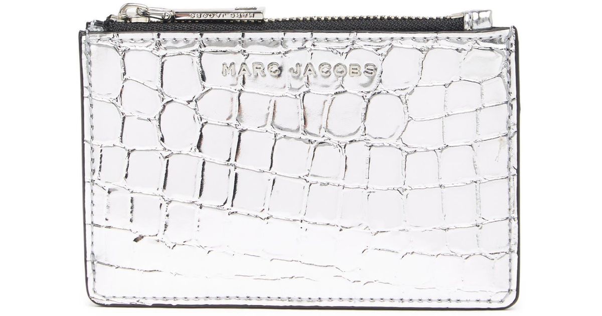 Marc Jacobs Croc Embossed Top Zip Card Wallet In Silver At