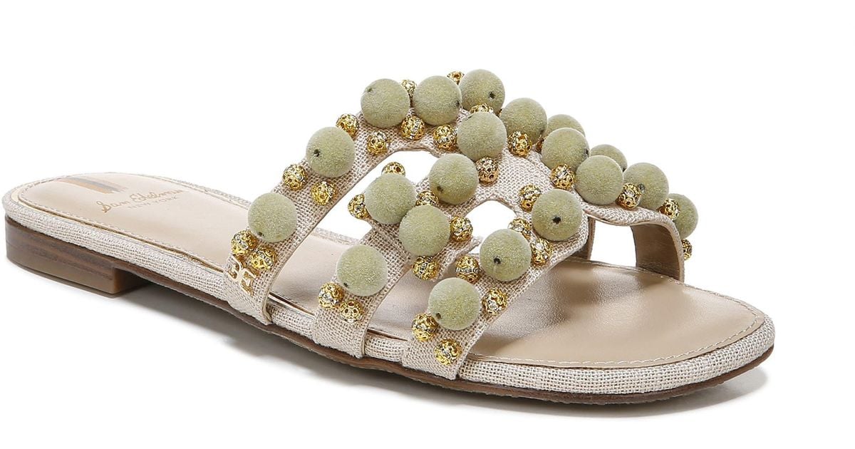 Sam Edelman Bay Cutout Linen Slide Sandal In Natural/pistachio At