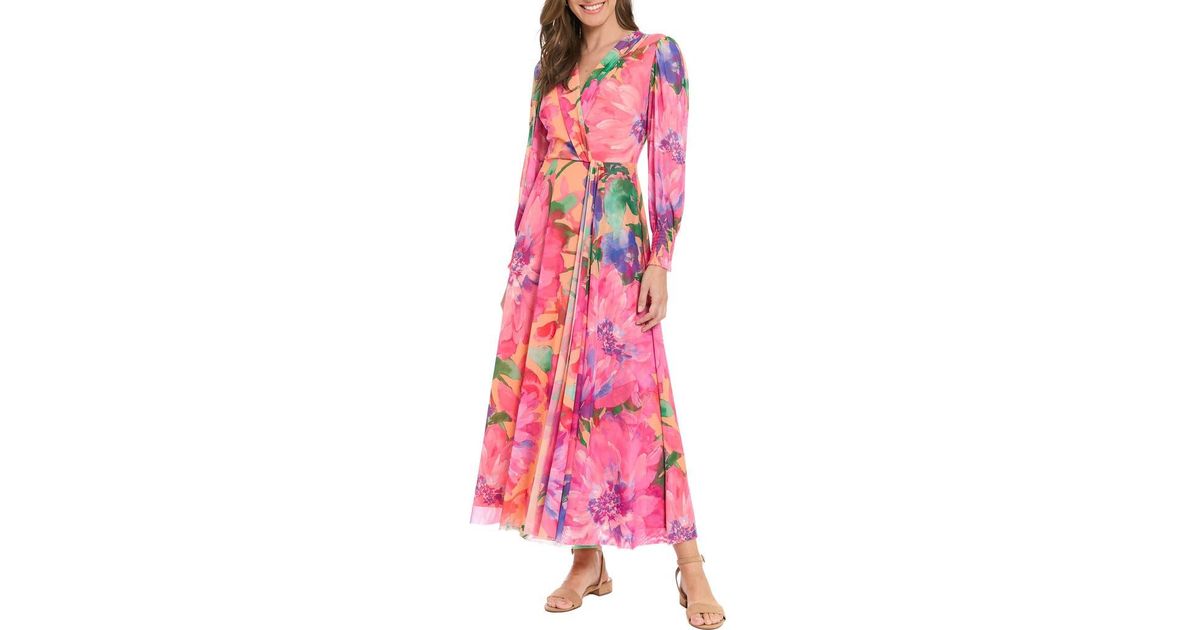 London Times Floral Long Sleeve Mesh Faux Wrap Maxi Dress in Pink | Lyst