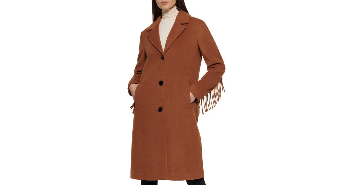 Cole Notched Collar Wool Blend Fringe Coat In Toffee At