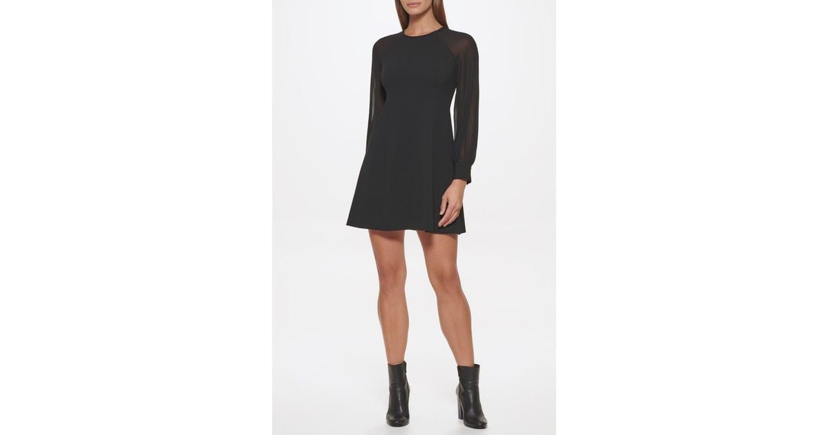 Calvin Klein Sheer Long Sleeve A-Line Dress in Black | Lyst