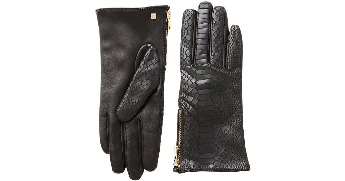 Bruno Magli Snakeskin Embossed Leather Cashmere Lined Gloves in Black