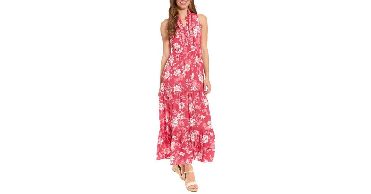 London Times Ruffle Neck Smocked Waist Maxi Dress in Red | Lyst