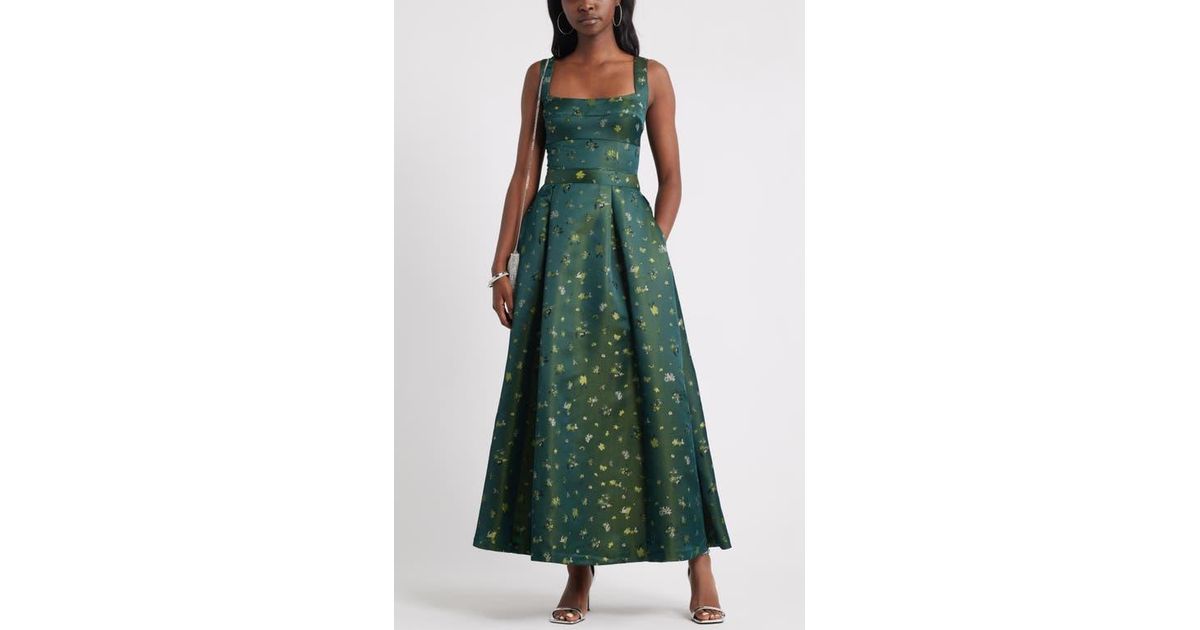 pleated seamed bodice jacquard maxi cocktail dress chelsea28 Chelsea28 Pleated Seamed Bodice Jacquard Maxi Cocktail Dress in Green