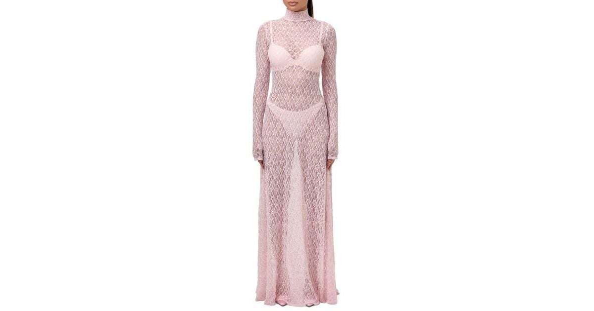 Naked Wardrobe Floral Long Sleeve Stretch Lace Turtleneck Maxi Dress in  Pink | Lyst