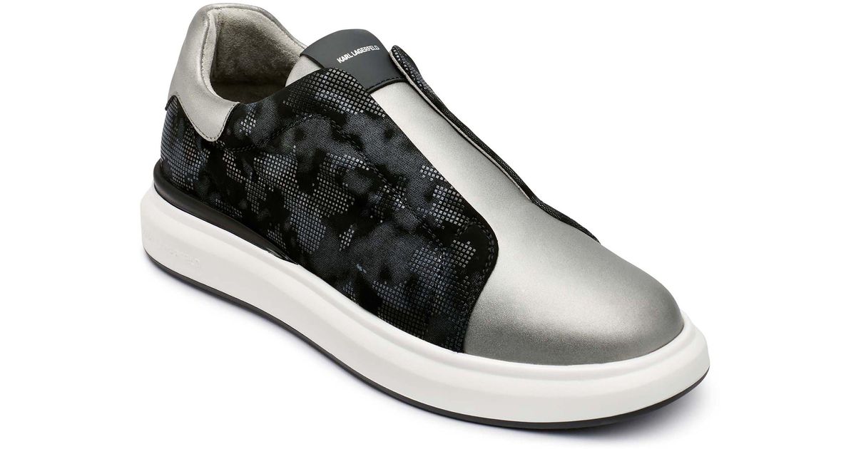 Karl Lagerfeld Leather Metallic Camo Laceless Slipon Sneaker In Silver