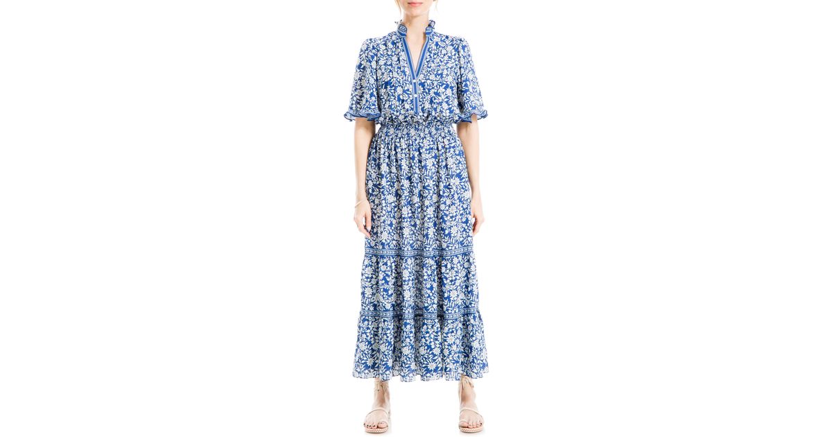 Max Studio Floral Elbow Sleeve Tiered Maxi Dress in Blue | Lyst
