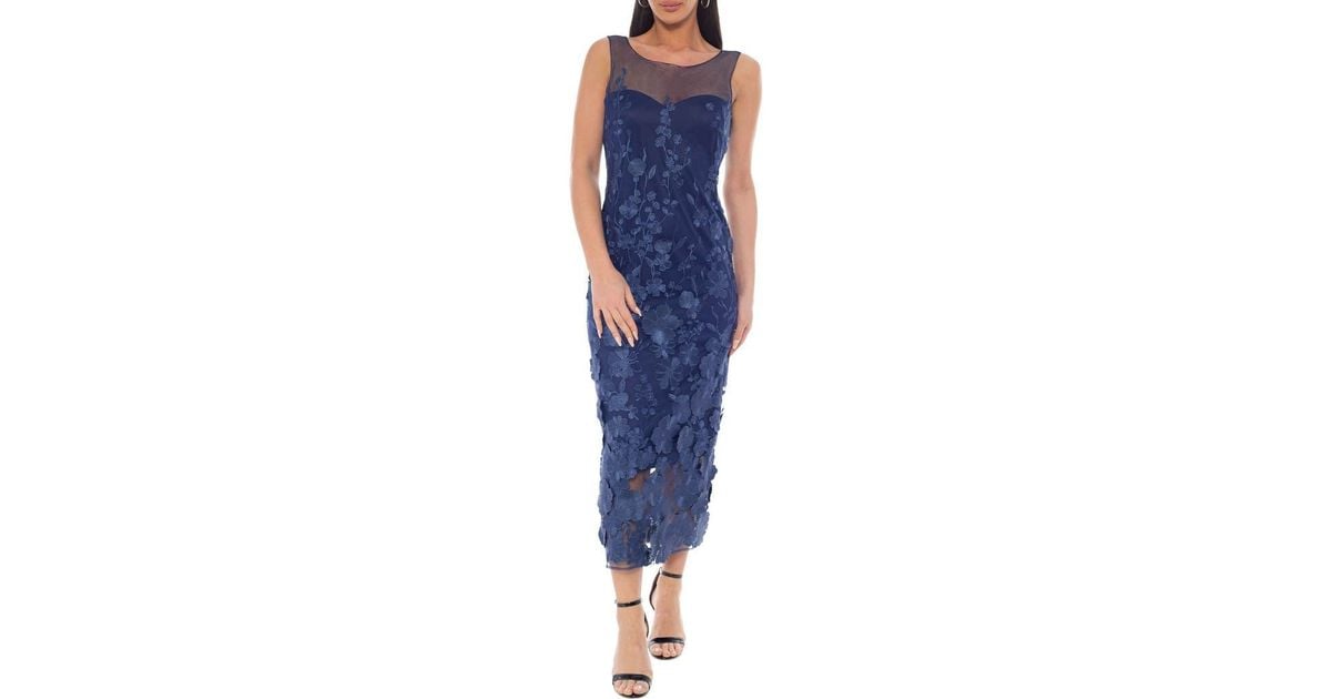 Marina Floral Embroidered Sleeveless Midi Dress in Blue | Lyst
